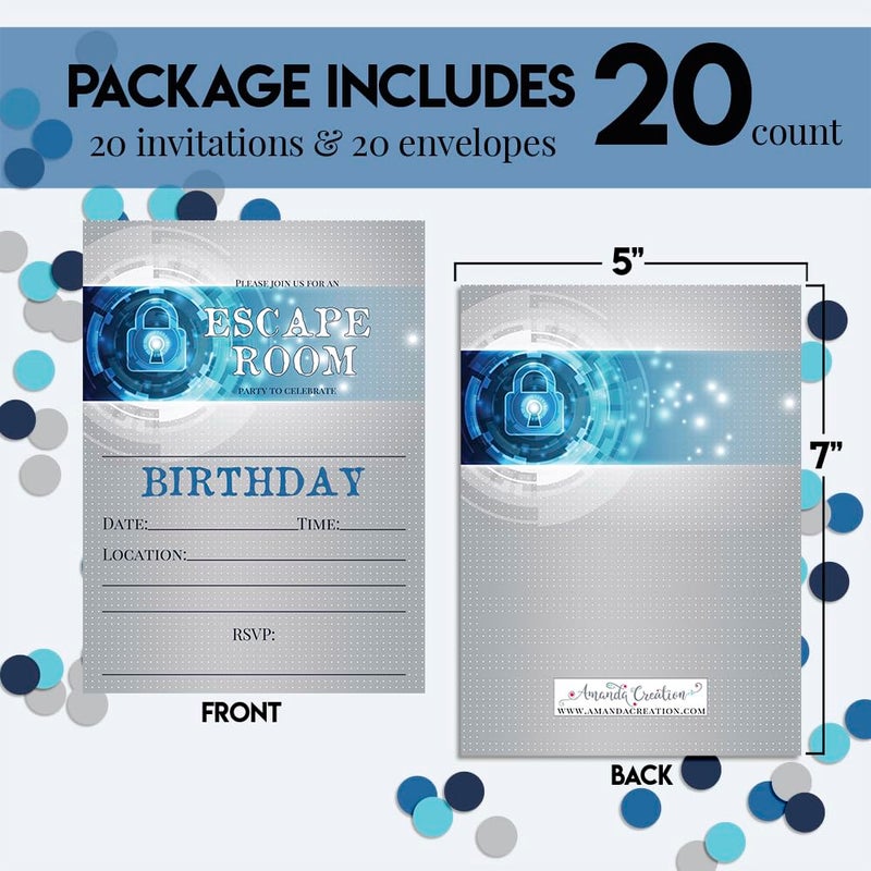 Amanda Creation Escape Room Themed Birthday Party Invitations, 20 5x7 Fill In Cards with Twenty White Envelopes by AmandaCreation - Image 4